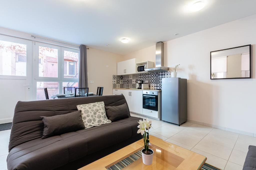 a living room with a couch and a kitchen at Appartement Marie in Strasbourg