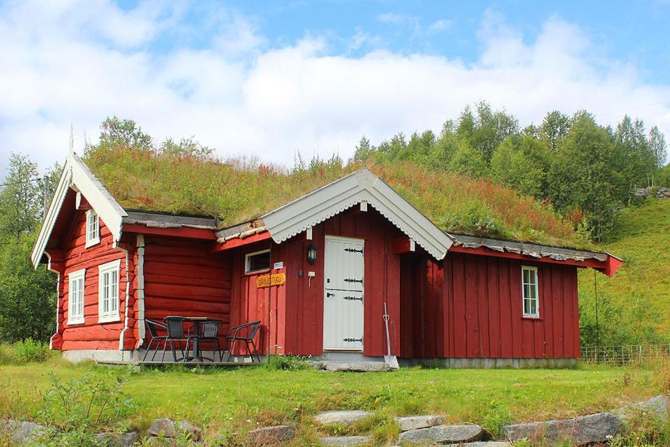 uma cabana vermelha com um telhado de relva numa colina em Gamlestugu hytte em Al