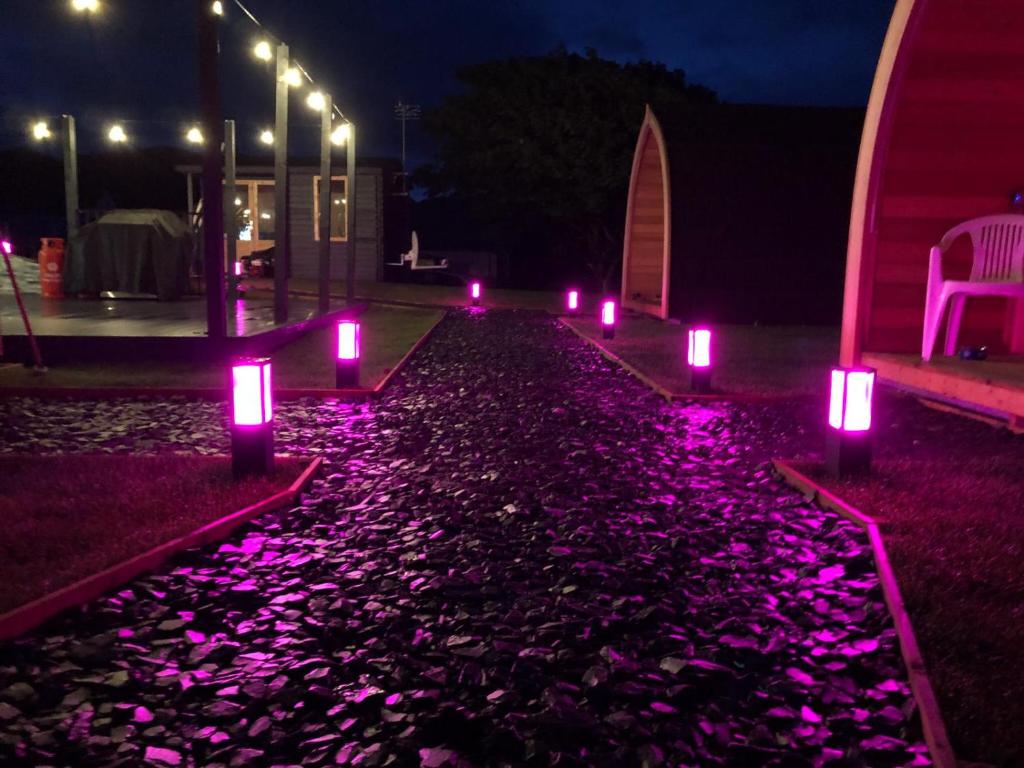 a row of candles in a garden at night at North Coast 500 Pods in Achmelvich