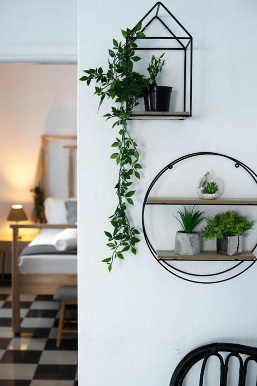 a room with a shelf with potted plants on the wall at Chessboard decor House in Kamari