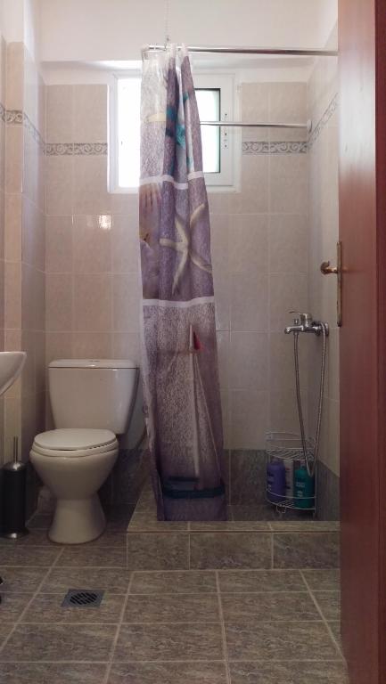a bathroom with a toilet and a shower curtain at Dimitris & Vassiliki's apartment in Possidi