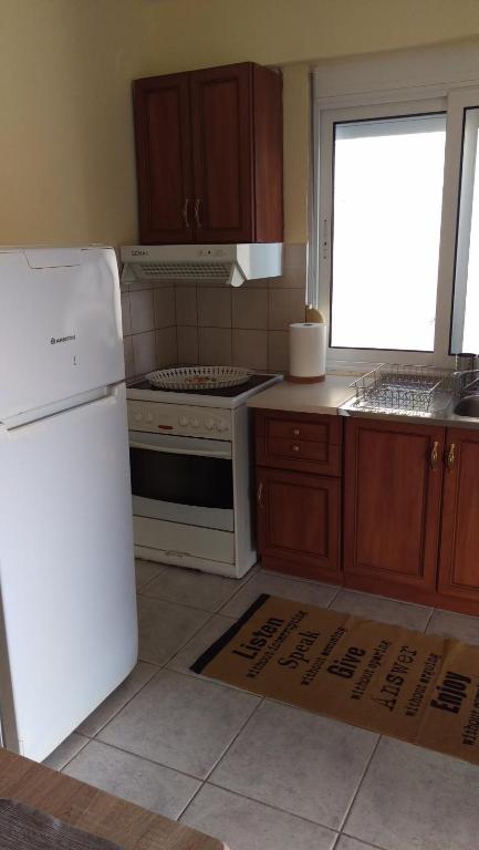 a kitchen with a white refrigerator and wooden cabinets at Dimitris & Vassiliki's apartment in Possidi
