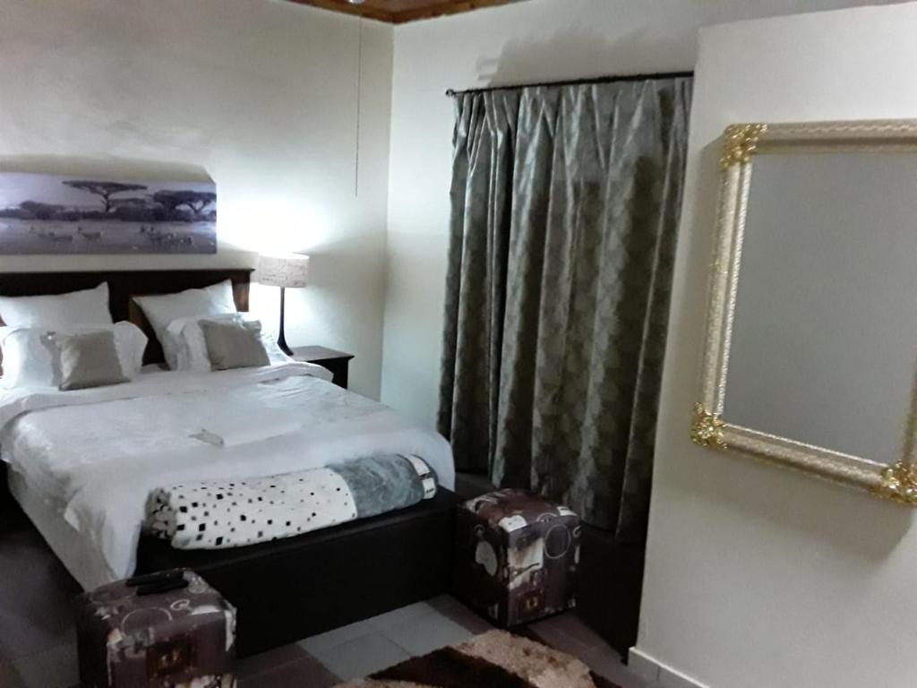 a bedroom with a bed and a mirror at Point 55 Guest House in Zeerust