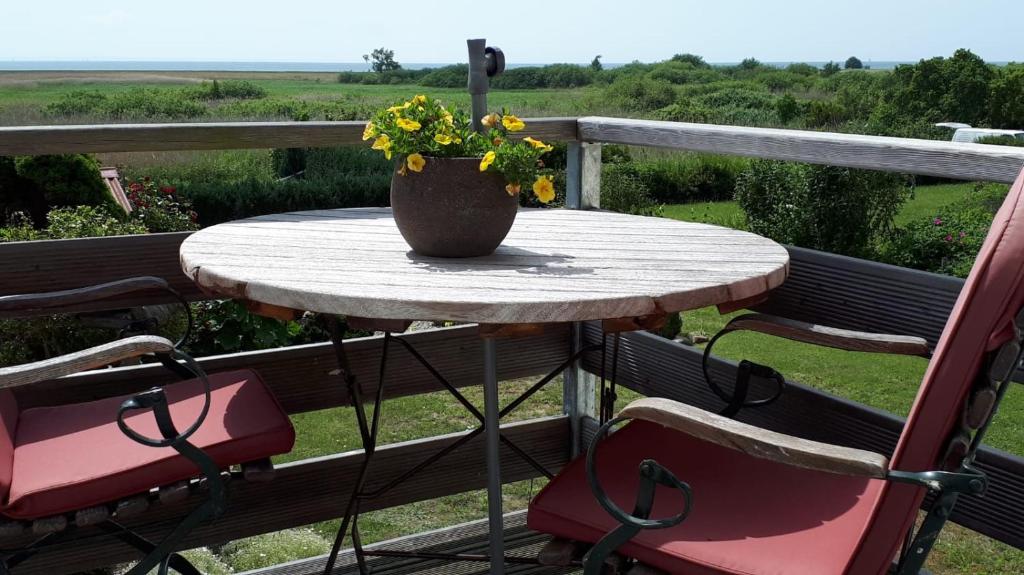 einen Tisch mit einer Blumenvase auf einer Veranda in der Unterkunft Mönchgut Boddenblick Wohnung 1 in Groß Zicker