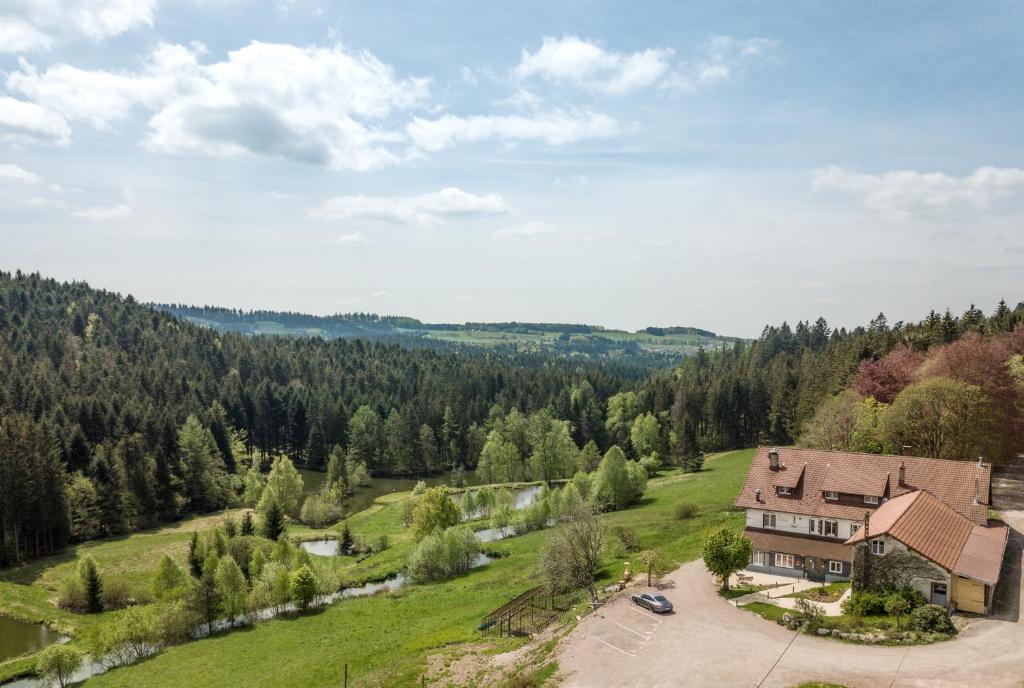 an aerial view of a house in a field at LOGIS Hôtel Restaurant La Vigotte in Girmont-Val-dʼAjol