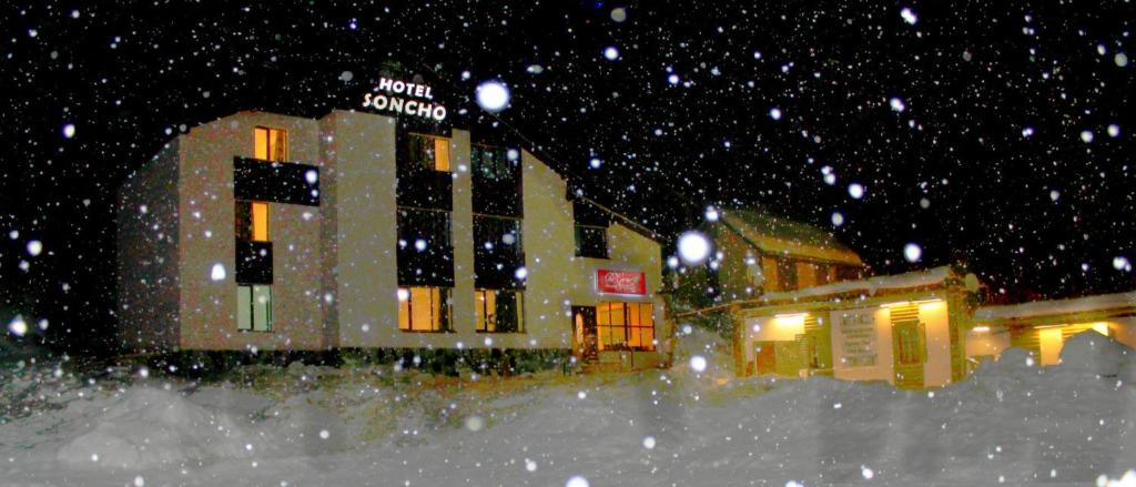 a snow covered city at night with a building at Soncho Gudauri in Gudauri