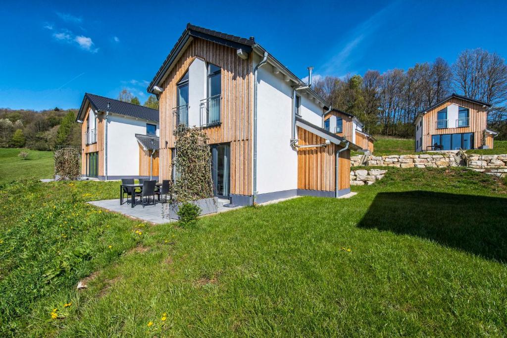 ein Haus auf einem Feld mit einem grünen Hof in der Unterkunft Einzelhaus Premium im Feriendorf an der Therme Obernsees in Truppach