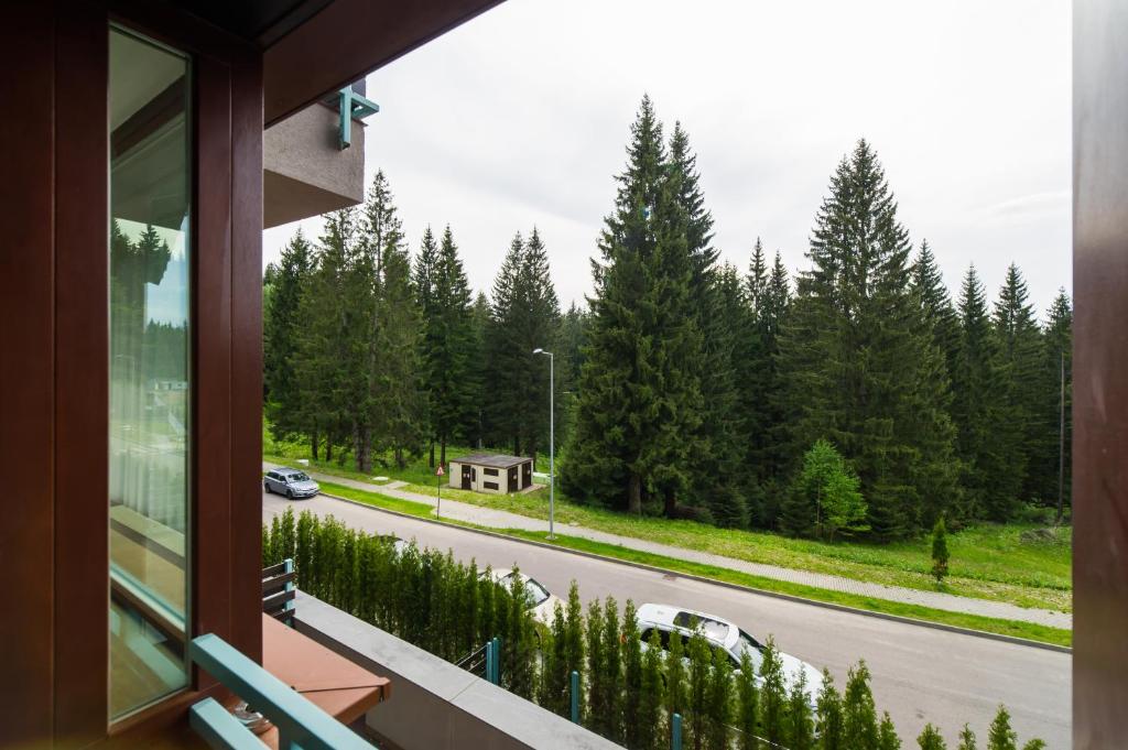 uma vista a partir de uma janela de uma estrada com árvores em Loft Apartment Silver Mountain em Poiana Brasov