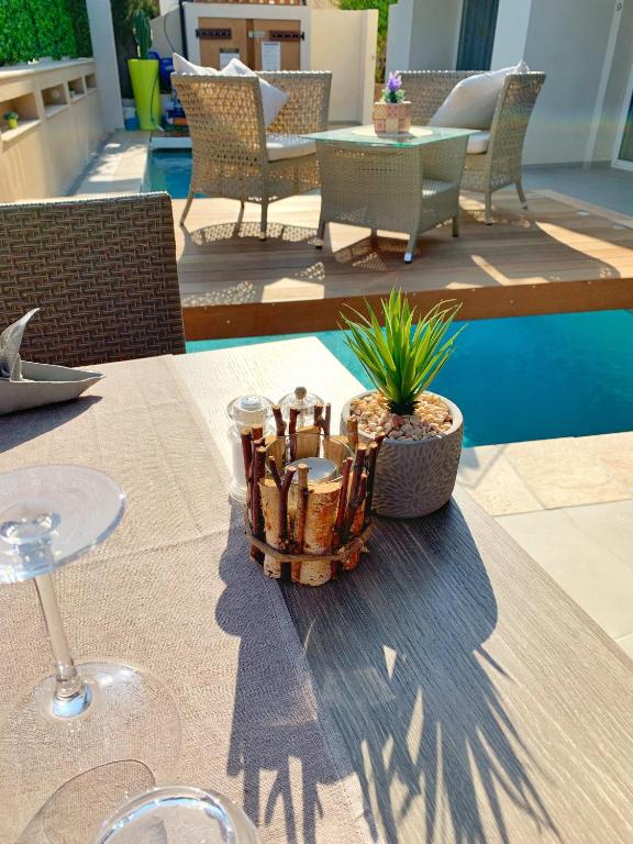 a table with a basket of plants on top of it at Hôtel Beau Soleil in Le Lavandou