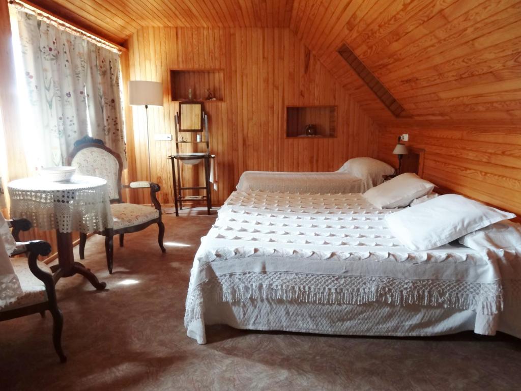 1 Schlafzimmer mit 2 Betten und Holzdecke in der Unterkunft Hostal Casa Laplaza in San Juan de Plan
