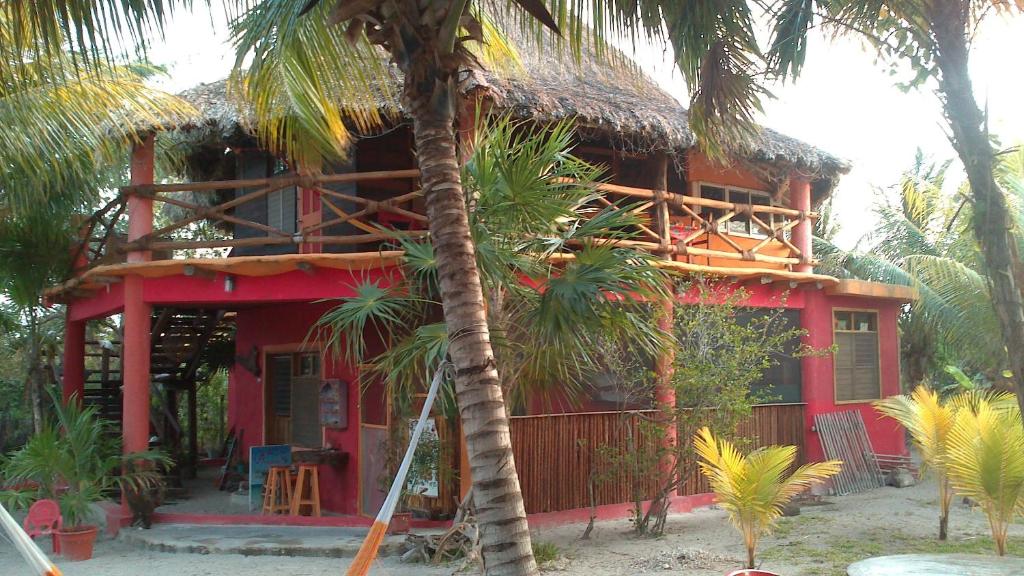 een rood huis met een palmboom ervoor bij Casa Cereza in Holbox Island
