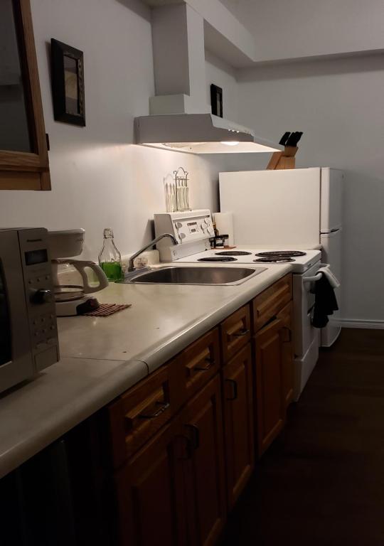 a kitchen with a sink and a stove at Campbellford Studio Apt 4 in Campbellford