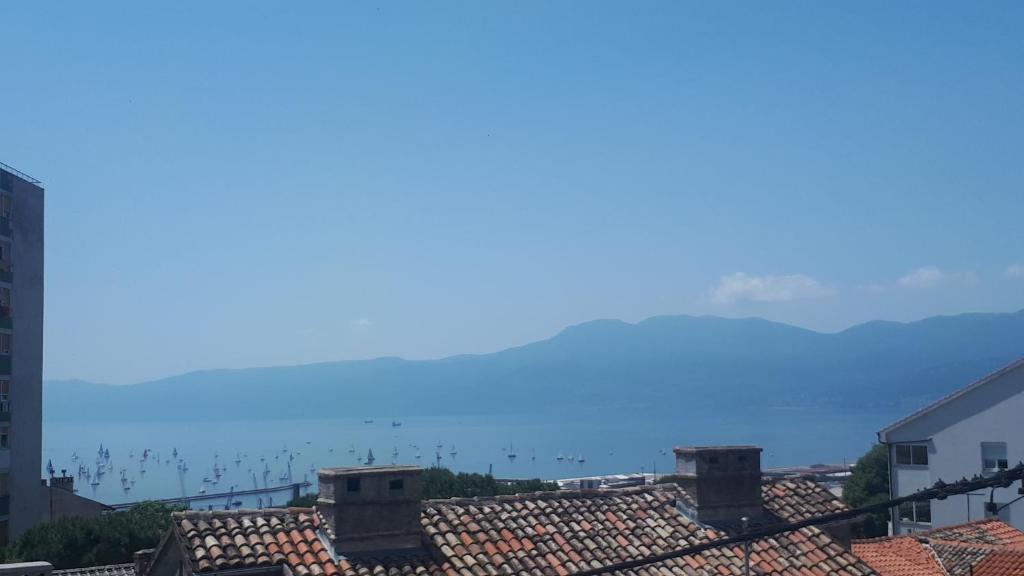 uitzicht op de daken van gebouwen met de oceaan op de achtergrond bij Amalia Belvedere in Rijeka
