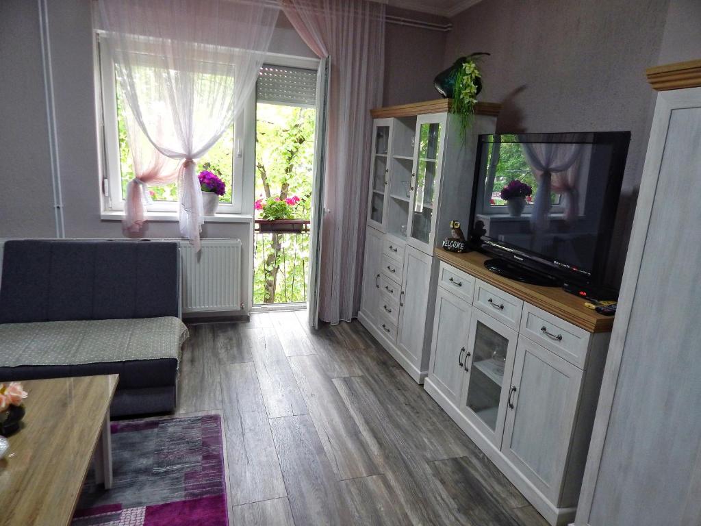 a living room with a flat screen tv and a couch at Apartman Centar in Bački Petrovac