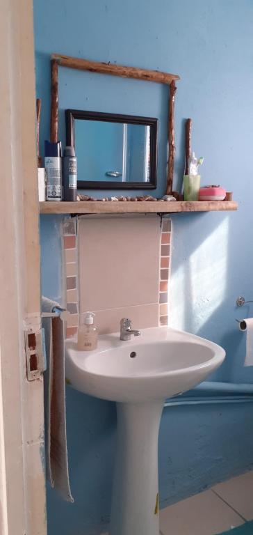 La salle de bains est pourvue d'un lavabo blanc et d'un miroir. dans l'établissement Zufike Pondoland Wild Coast- Port Grosvenor, à Lusikisiki