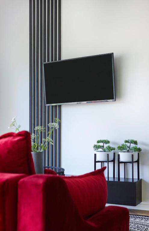Televízia a/alebo spoločenská miestnosť v ubytovaní Apartament Berg
