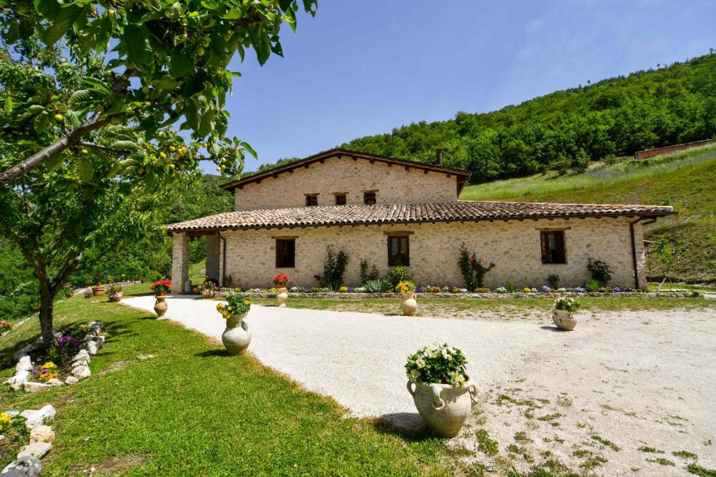 卡夏AGRITURISMO LA VALLE DEI BRONZETTI的前面有很多花瓶的房子