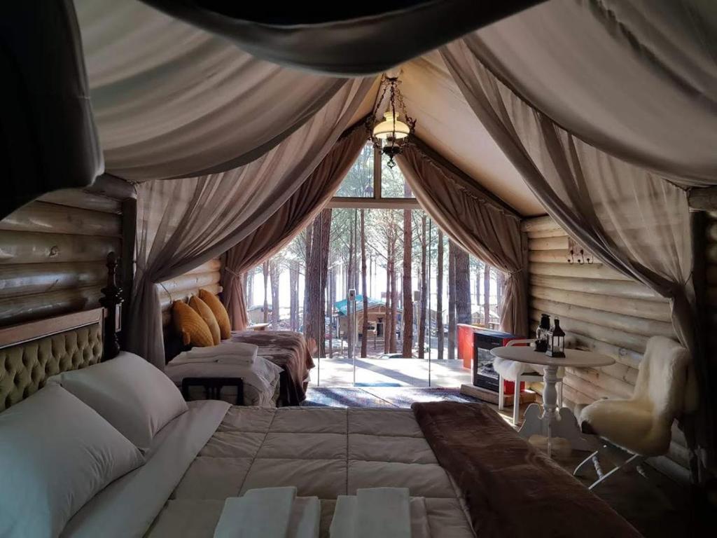 a bedroom with two beds and a large window at Tedesco Eco Park in São Francisco de Paula