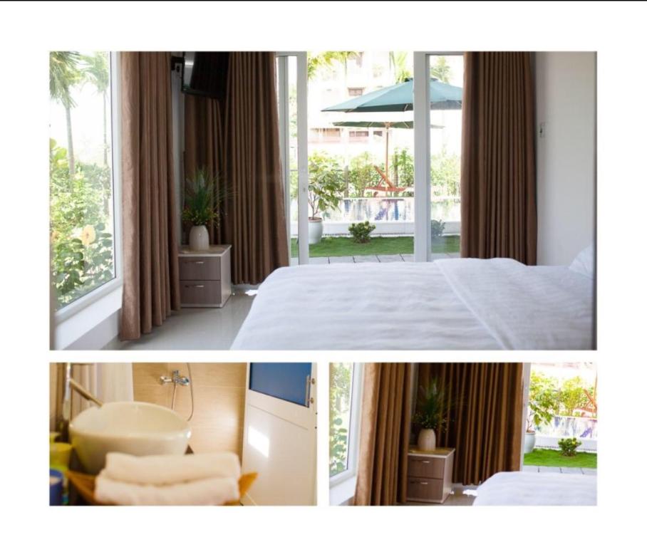 twee foto's van een slaapkamer met een bed en een raam bij Riverside Villa Homestay in Da Nang