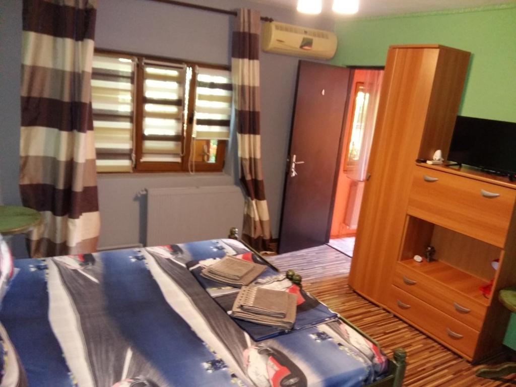 コンスタンツァにあるSea Sideのベッド1台、スーツケースが備わる客室です。