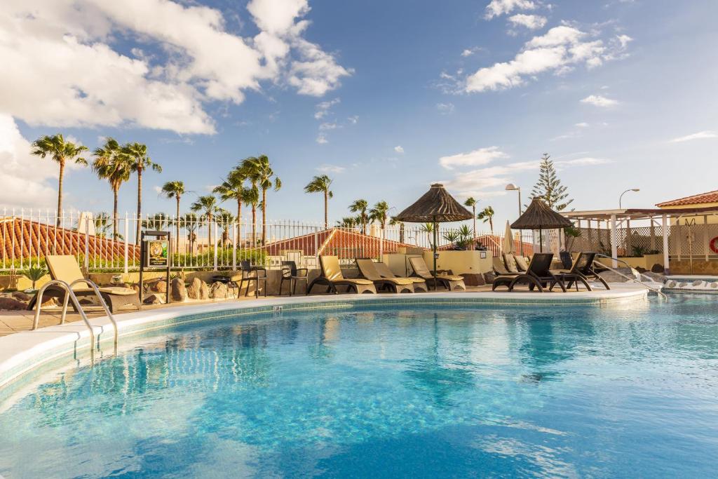 une grande piscine avec des chaises et des palmiers dans l'établissement Ona Sueño Azul, à Callao Salvaje