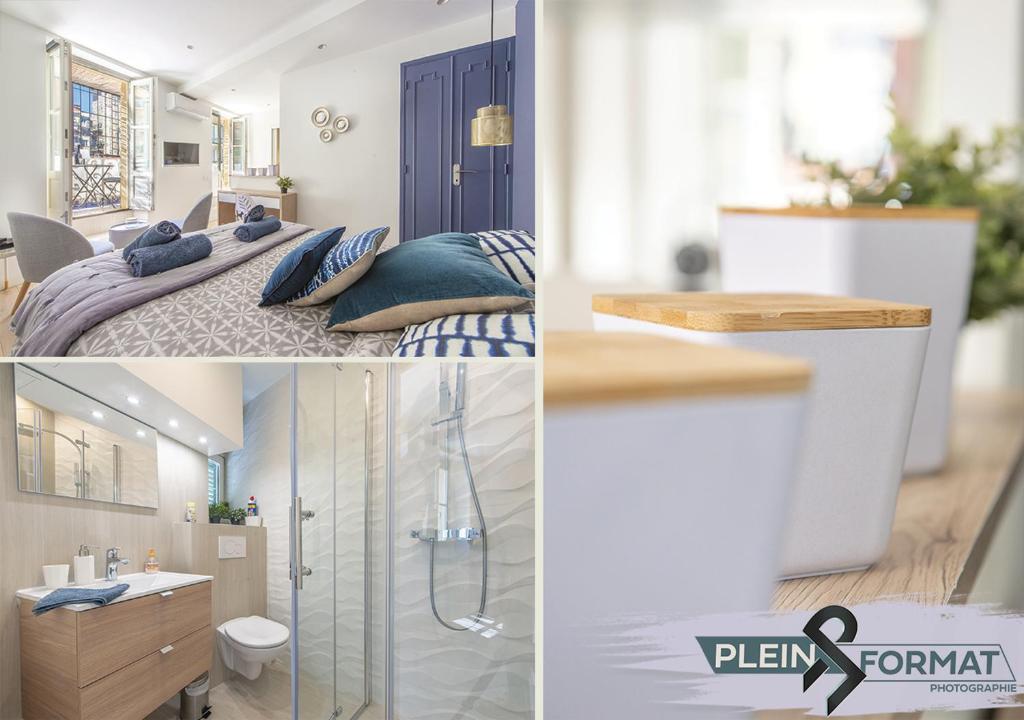 un collage de photos d'une salle de bain et d'une chambre dans l'établissement Place Du Pin, à Nice