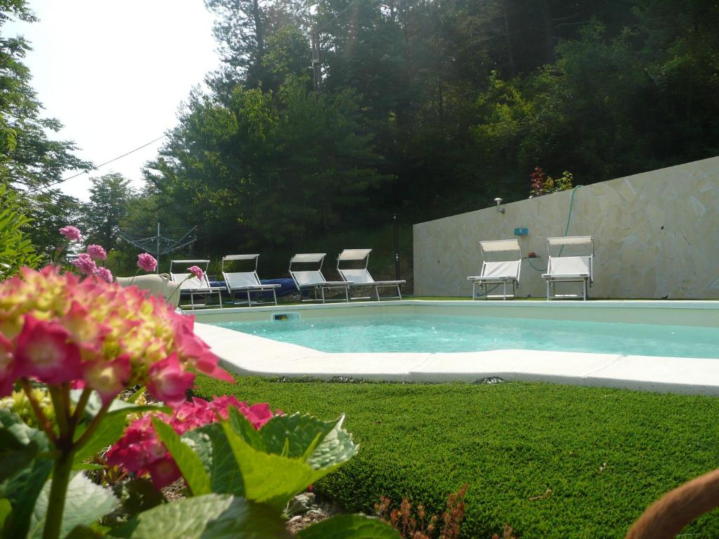 una piscina con sillas de césped y un ramo de flores en Chambres d'hôtes Les Iris, en Sospel