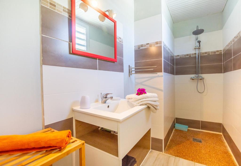 un bagno con lavandino e specchio di amour Deshaies a Deshaies