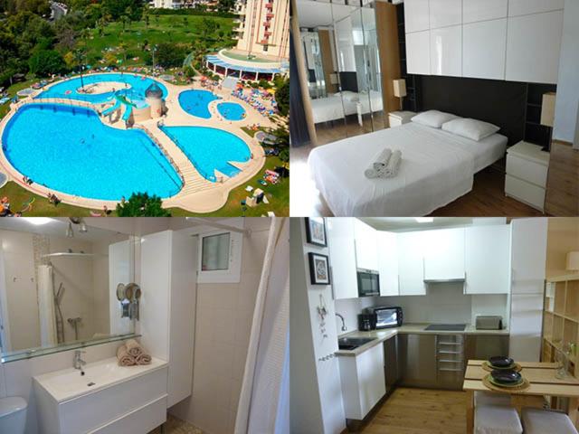 un collage de photos d'une chambre d'hôtel avec piscine dans l'établissement Jupiter luxury zen appartment, à Benalmádena
