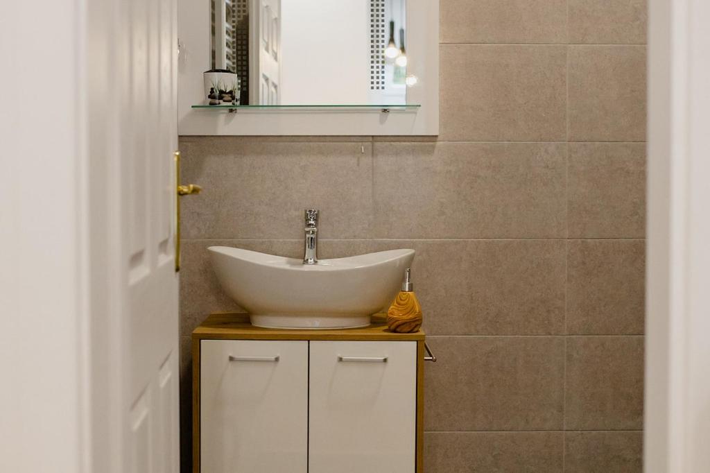 un bagno con lavandino e specchio di Apartmani Galea a Sombor