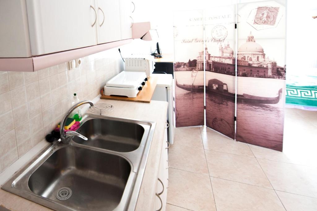 uma cozinha com um lavatório e uma impressora num balcão em Elias Appartment em Volos