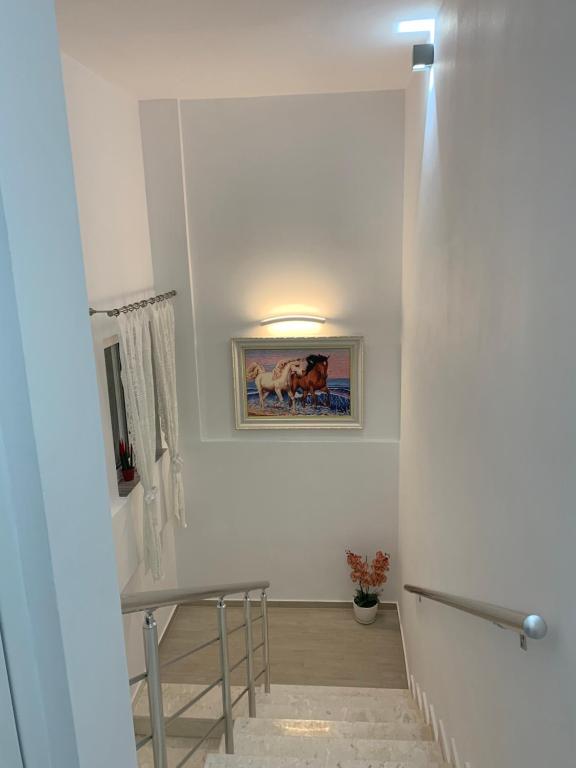 un corridoio con un dipinto su una parete bianca di Villa Orkidea a Sarandë