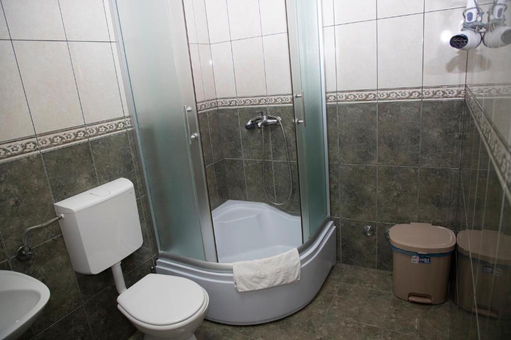 a bathroom with a shower and a toilet and a sink at Villa Andjelina in Budva
