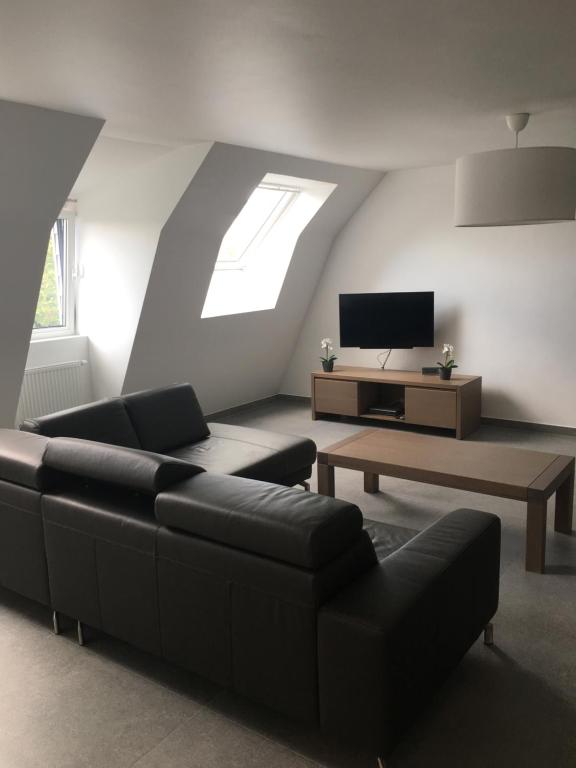 a living room with a couch and a tv at Casa Akuta Airport Flat in Kortenberg