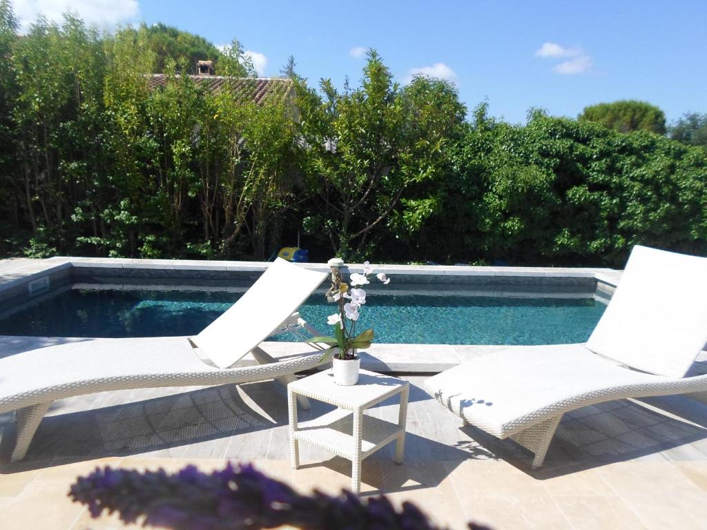 deux chaises et une table à côté d'une piscine dans l'établissement Villa les Granges Vaison, à Saint-Marcellin-lès-Vaison