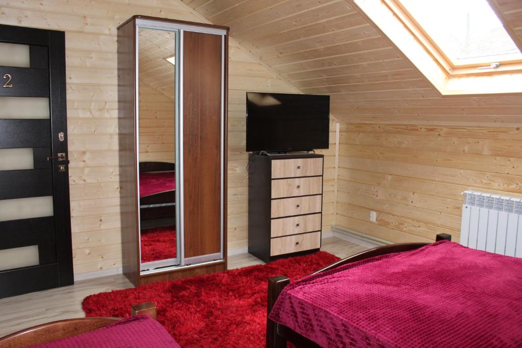 Zimmer mit einem Bett und einem TV sowie einem Schlafzimmer. in der Unterkunft У Інни in Mischhirja