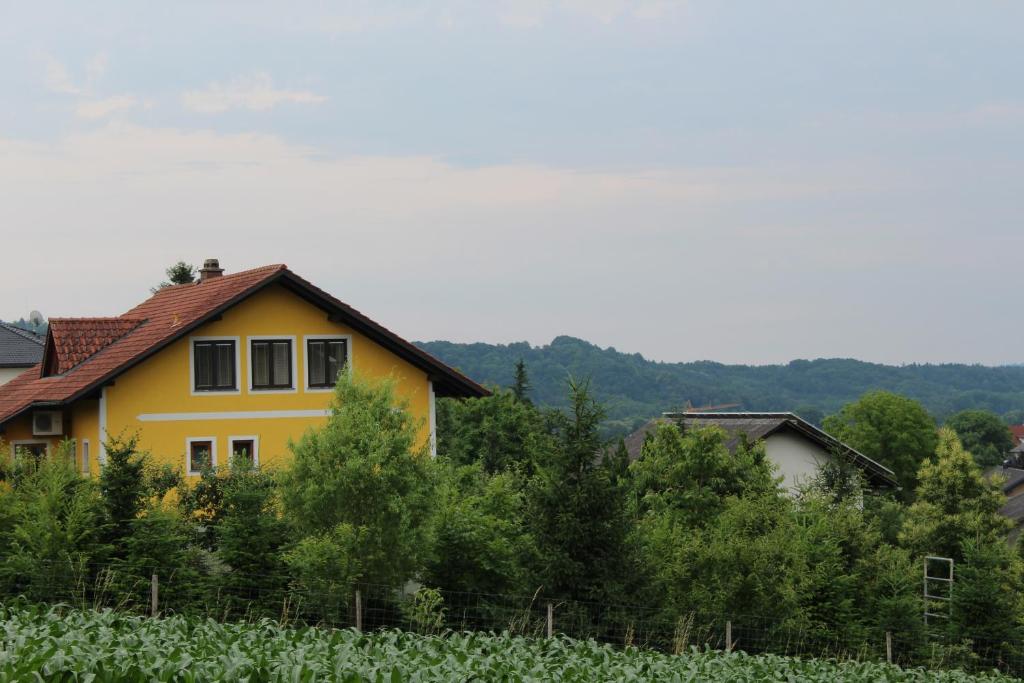 a yellow house in the middle of a field at Ferienwohnung Lückl in Mettersdorf am Saßbach