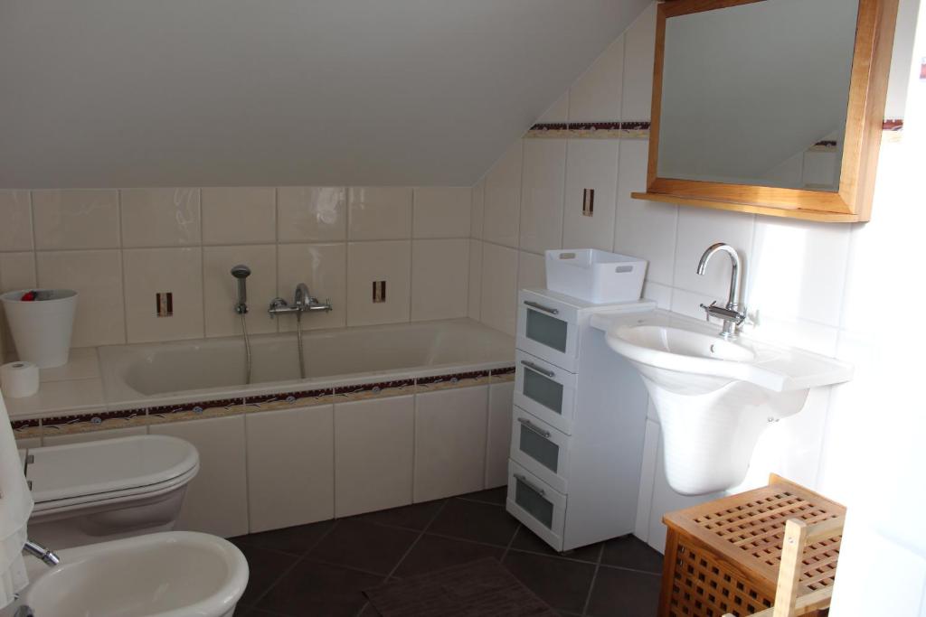 a bathroom with a sink and a toilet and a tub at Ferienwohnung Lückl in Mettersdorf am Saßbach