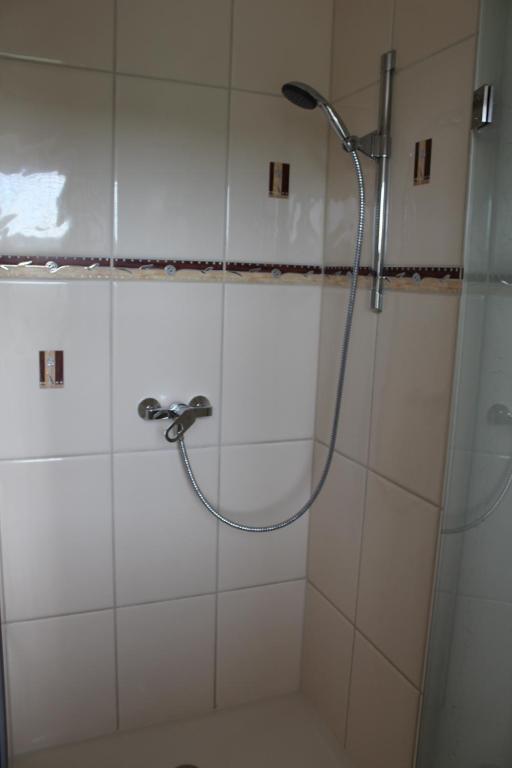 a shower with a shower head in a bathroom at Ferienwohnung Lückl in Mettersdorf am Saßbach