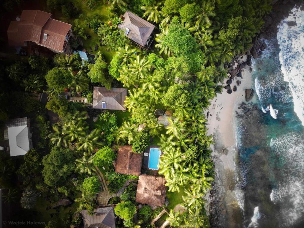 an overhead view of a beach with houses and trees at Domaine Desaubin Luxury Villas in Takamaka