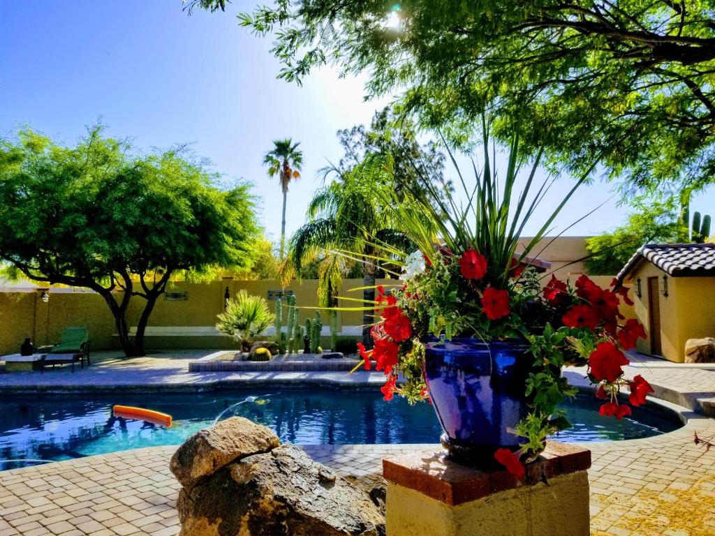 a blue vase filled with flowers sitting next to a swimming pool at Private, Quite Casita , N. Scottsdale area,Private Pool & Patio, Cave Creek Az. in Cave Creek
