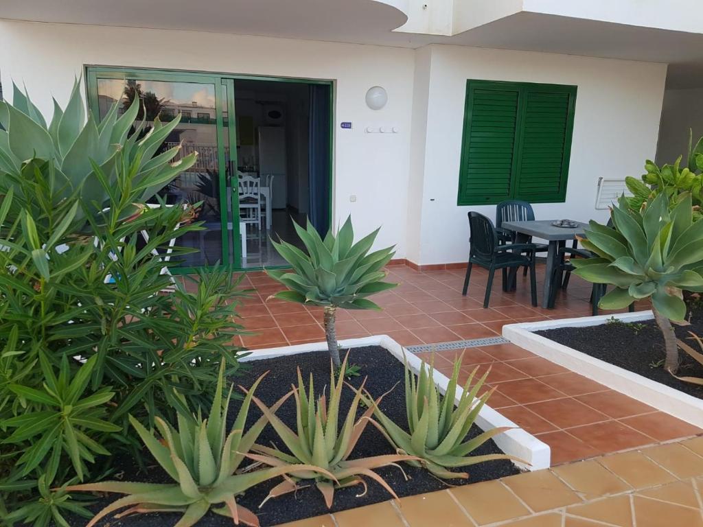 un patio con plantas, mesa y sillas en Apartamentos Tahiche, en Costa Teguise