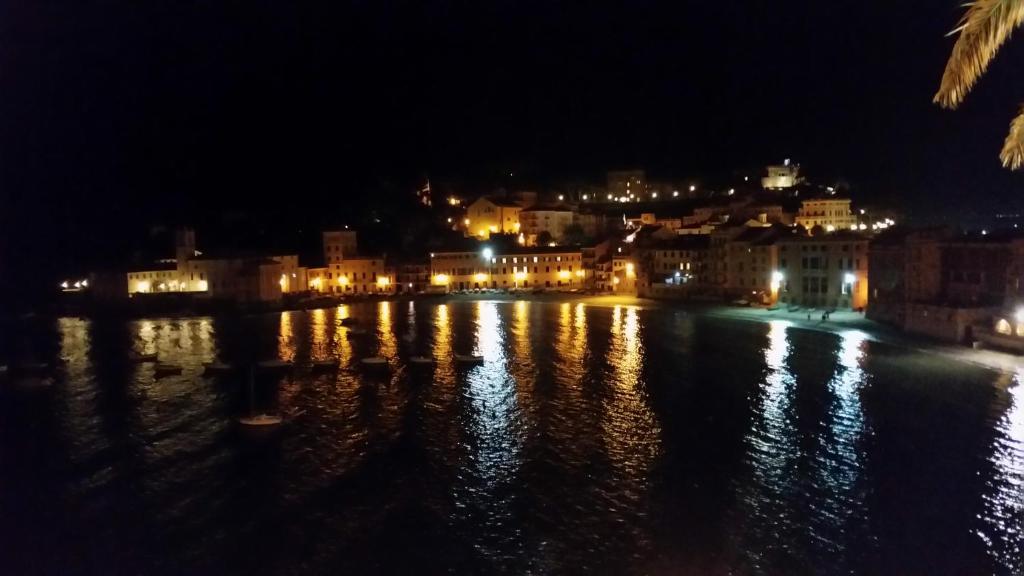 une ville la nuit avec des lumières sur l'eau dans l'établissement Top-Location-bright-fastWI-FI, à Sestri Levante