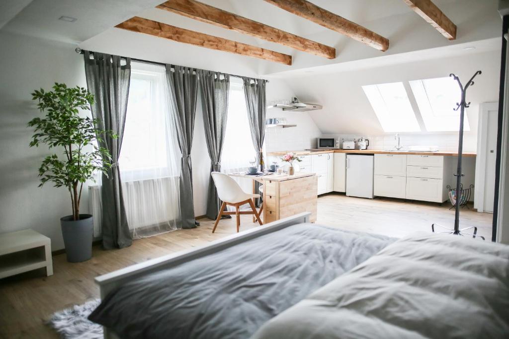 una camera con letto e una cucina con finestre di Vila Freya near Bled a Bled