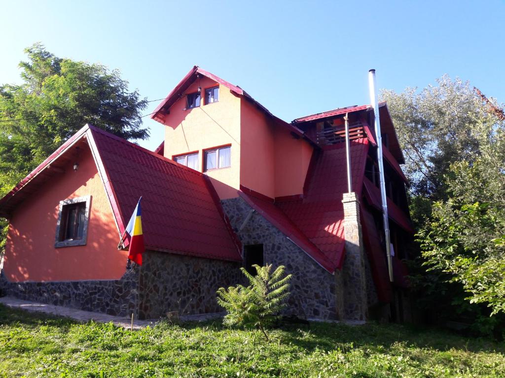 a red house with a flag on the side of it at Casa DAOS in Nucşoara