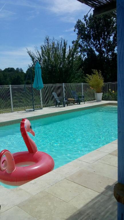 un flotteur de cygne rouge dans une piscine dans l'établissement chambre namaste, à Montcléra