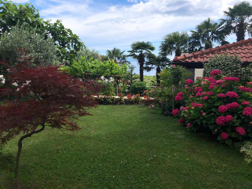 a garden with pink flowers and trees and palm trees at Palm Garden Apartment in Kastav