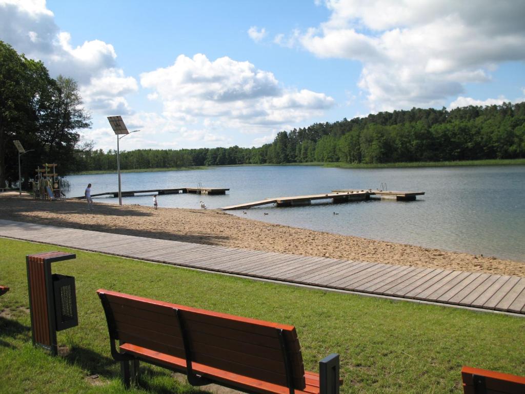 eine Parkbank neben einem See mit einem Dock in der Unterkunft POD DĘBEM in Cerkiewnik