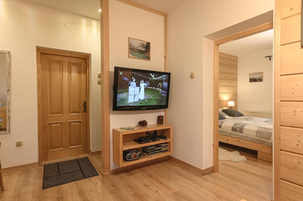 Televízia a/alebo spoločenská miestnosť v ubytovaní Apartament pod Skocznią