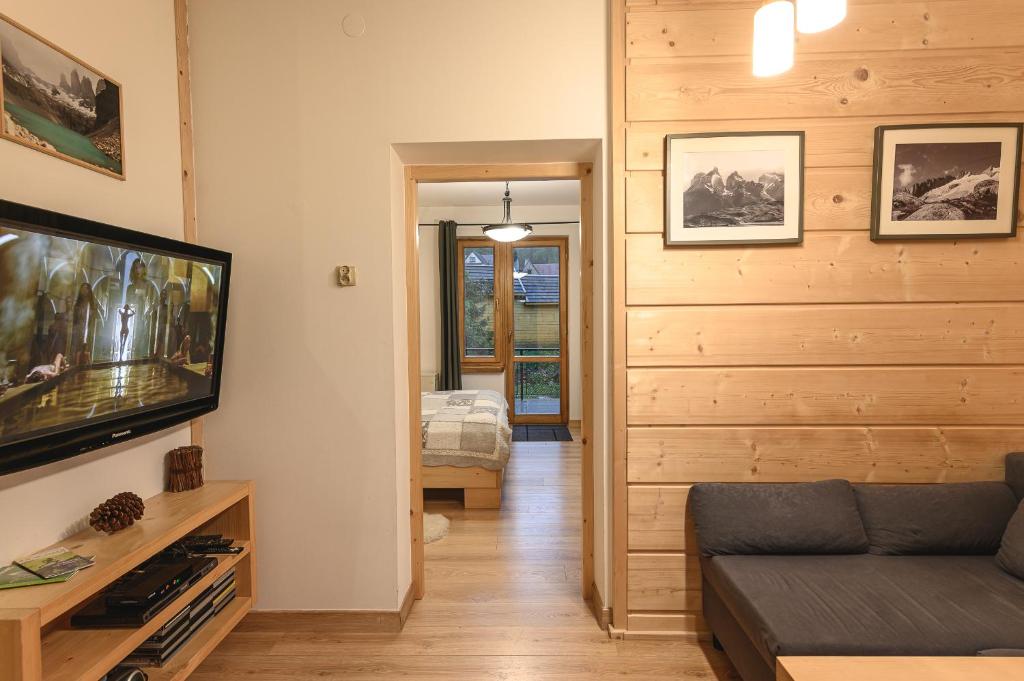 Televízia a/alebo spoločenská miestnosť v ubytovaní Apartament pod Skocznią